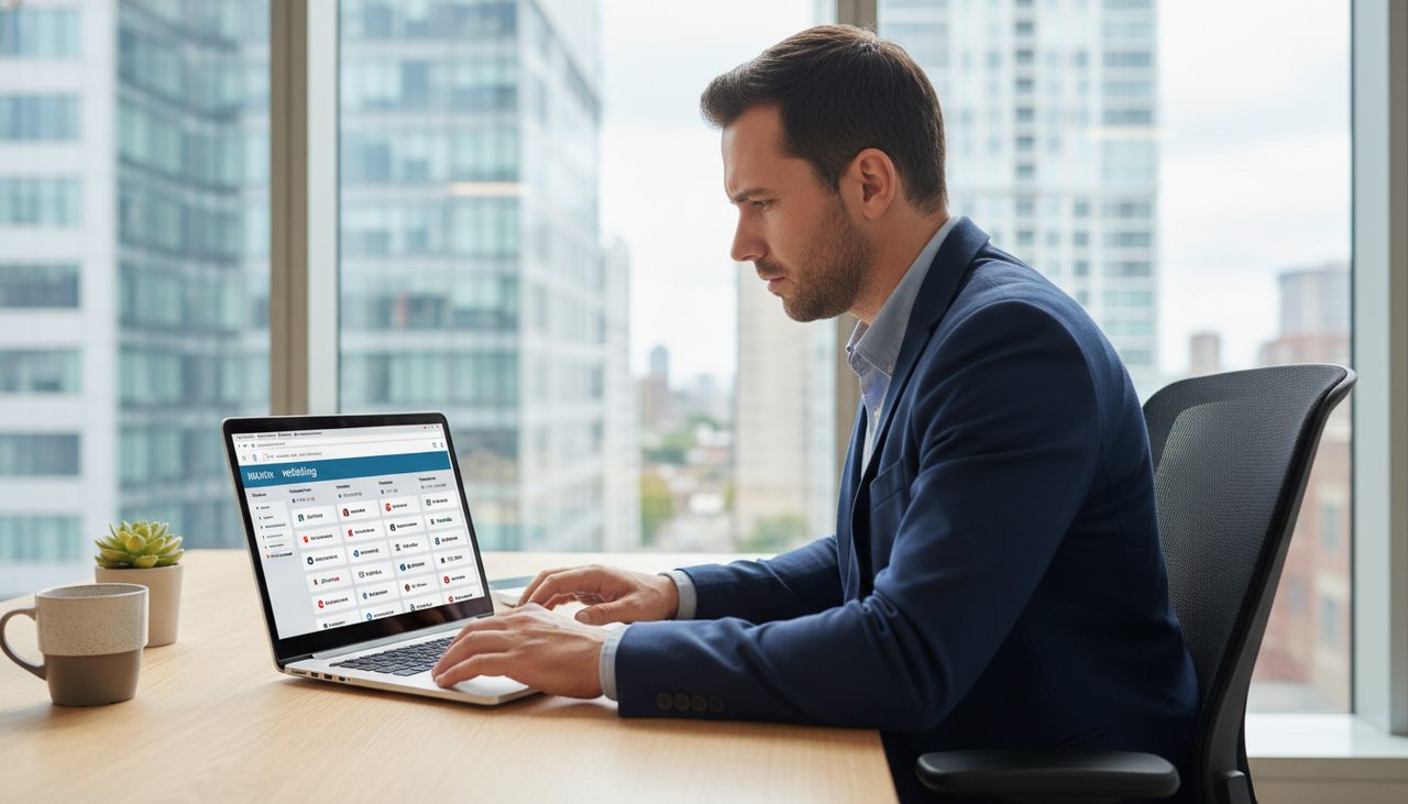 Business person comparing pricing on netlinking platform marketplace on laptop