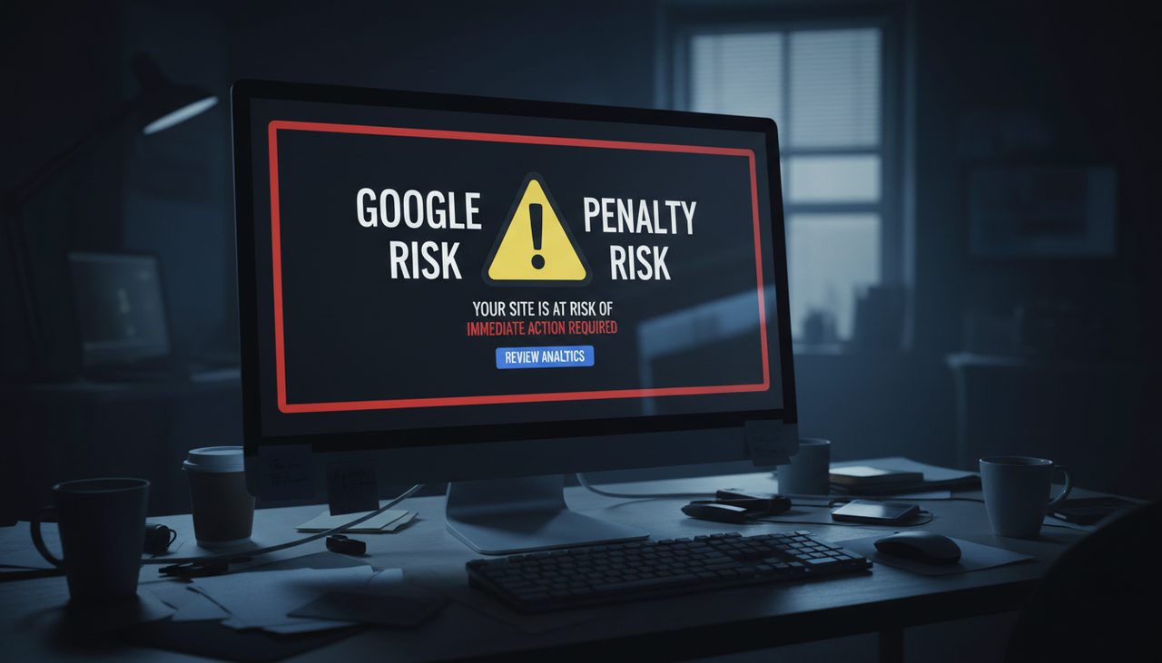 Warning sign on computer screen about Google penalty risk