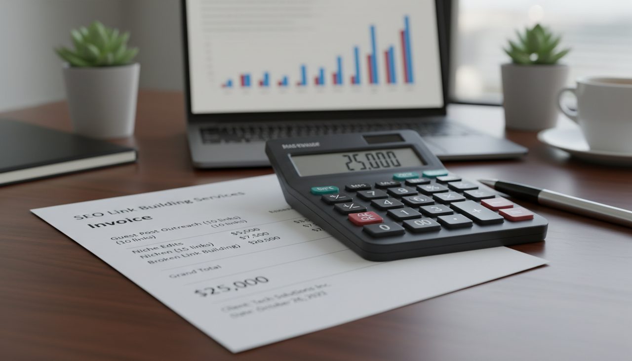Calculator and invoice for SEO link building services on desk