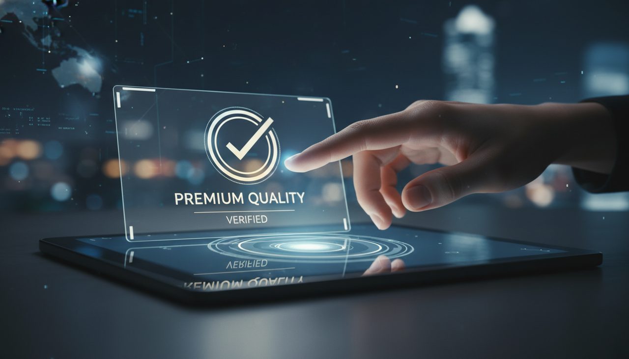 Hand selecting premium quality checkmark badge on digital interface