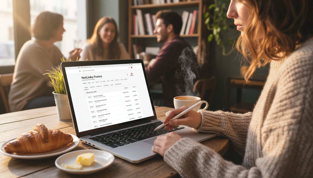 Person browsing French netlinking marketplace on laptop