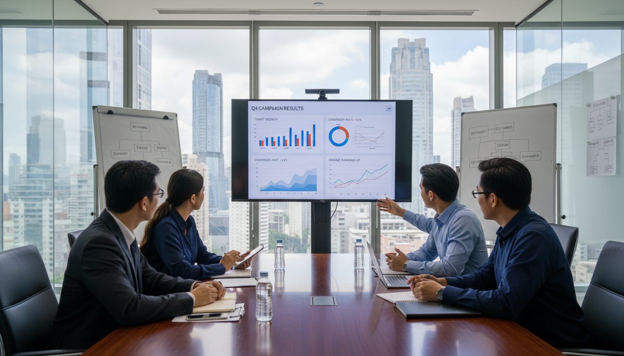Meeting between client and SEO agency team reviewing campaign results on screen