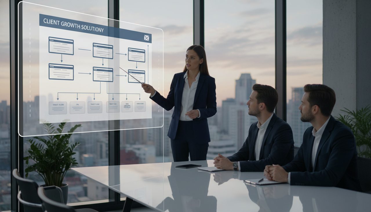 SEO consultant presenting netlinking strategy presentation to client