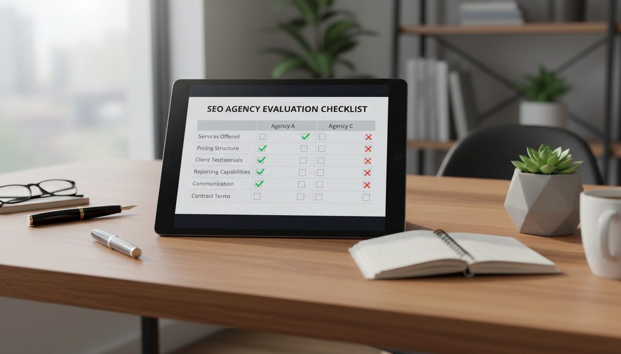 Comparison checklist document for evaluating SEO agencies on tablet