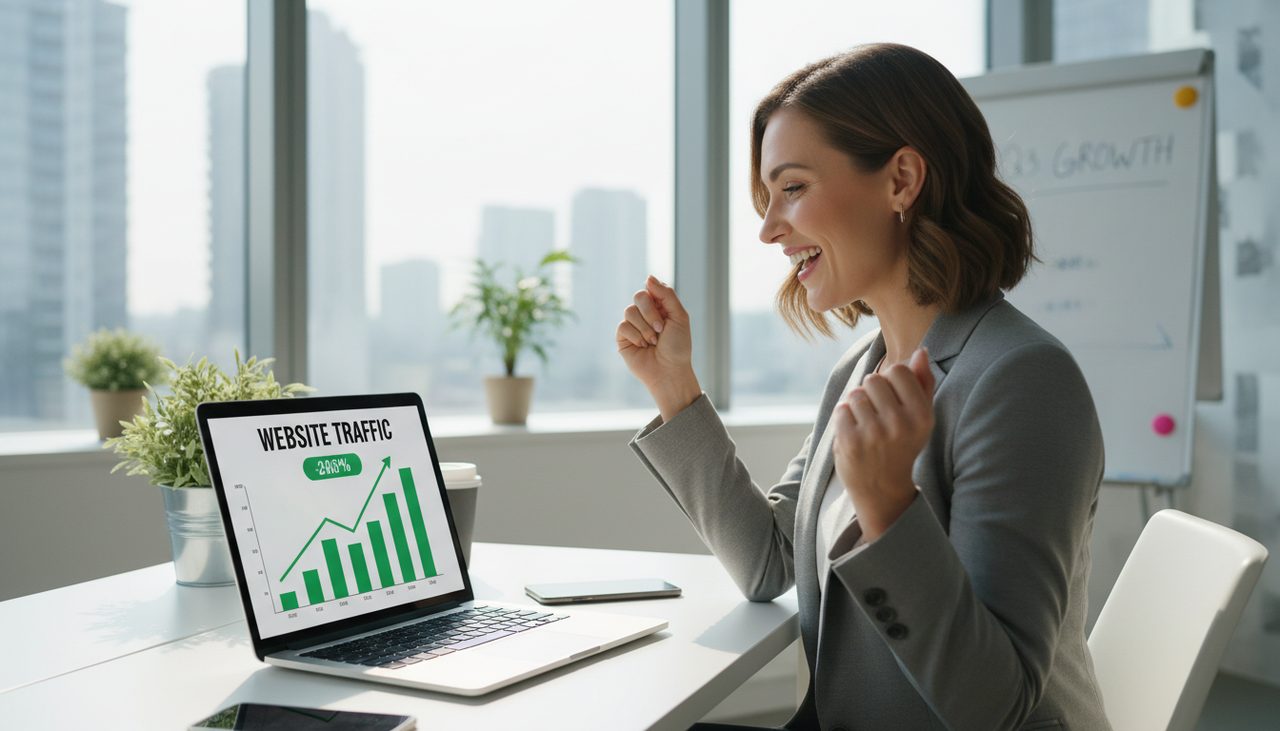 Happy business owner looking at increased website traffic chart on laptop