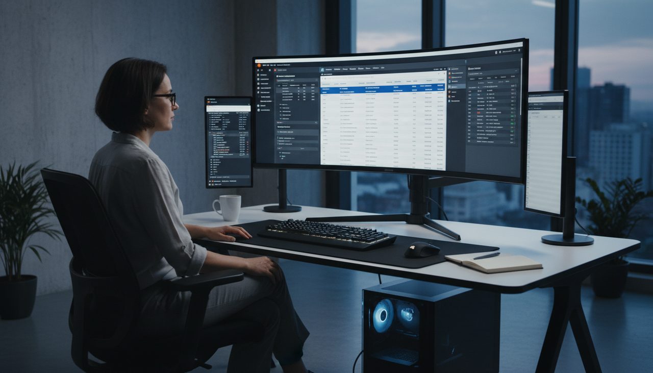 SEO auditor reviewing backlink profile data on large monitor with Ahrefs dashboa