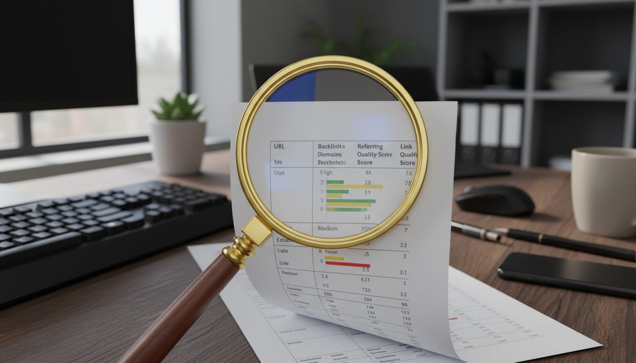 Magnifying glass over website analytics printout showing link quality metrics