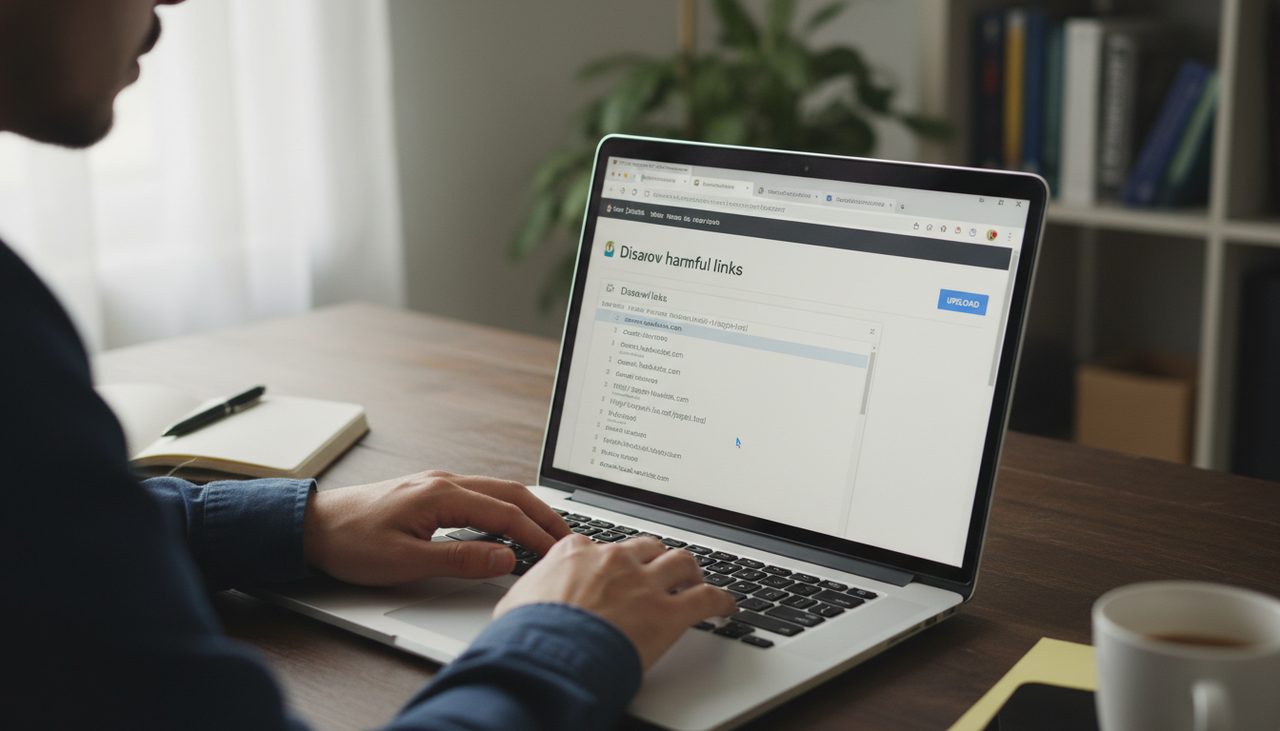 Person creating a disavow file on laptop screen