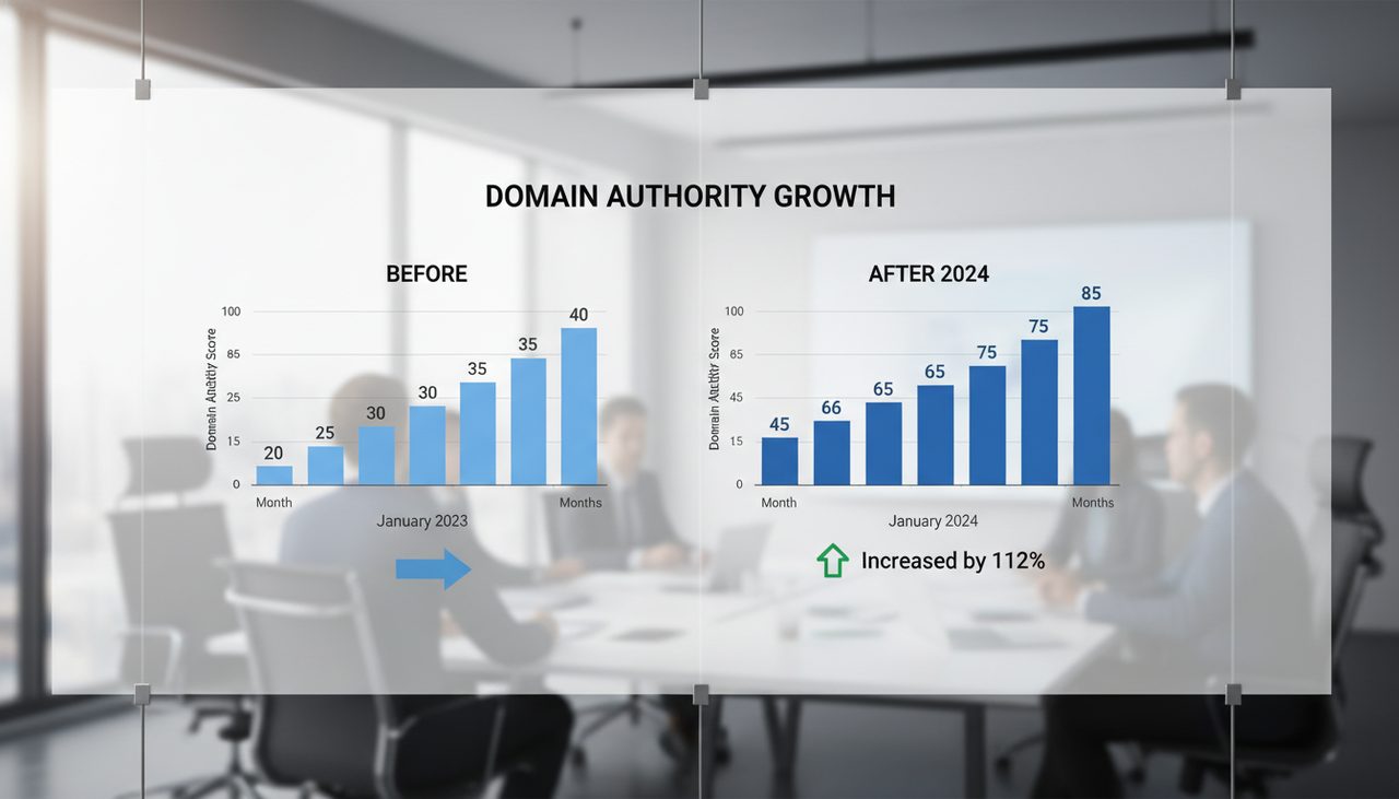 Before and after chart showing domain authority growth over time