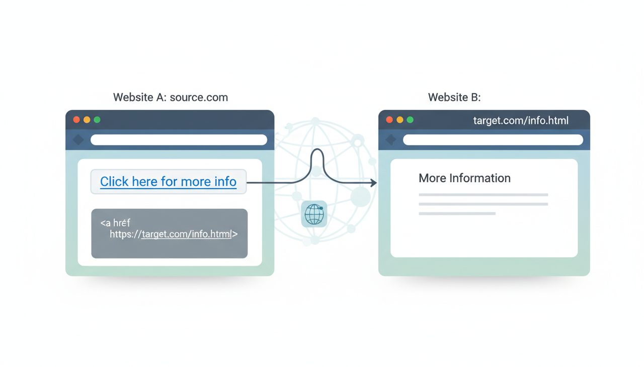 Diagram showing how a hyperlink works between two websites with HTML code snippe