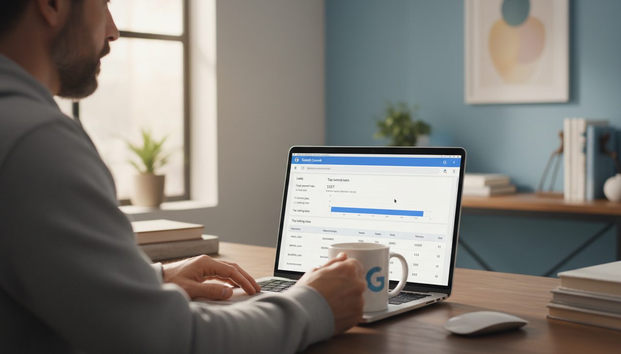 Person checking backlinks in Google Search Console on laptop