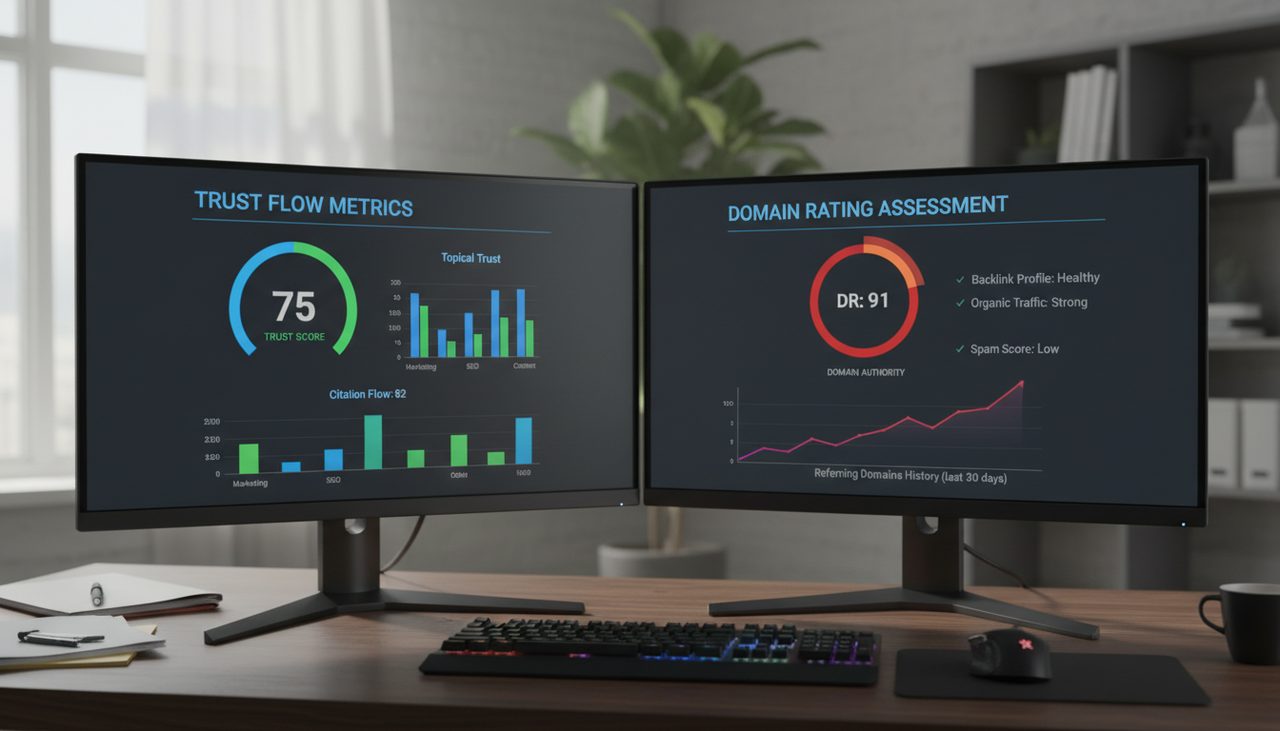 Quality assessment dashboard showing Trust Flow and Domain Rating metrics