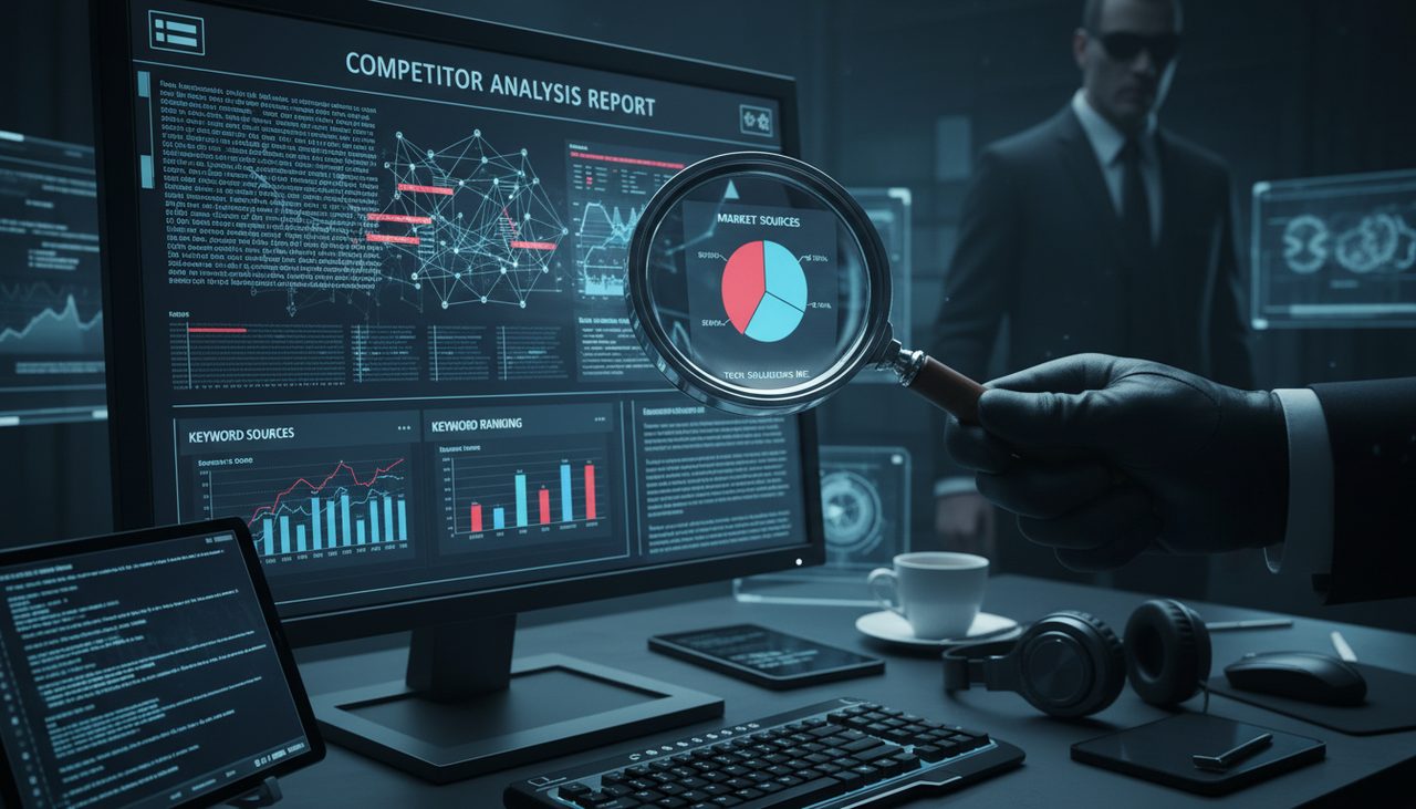 Detective magnifying glass examining competitor website data on screen