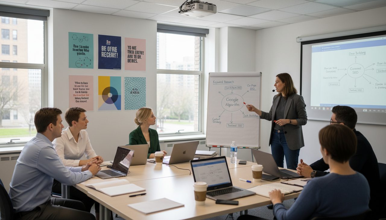 Instructor teaching SEO workshop to small group with whiteboard diagrams