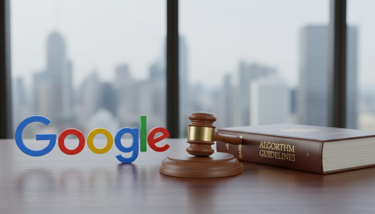 Google logo next to a rulebook and gavel representing algorithm guidelines