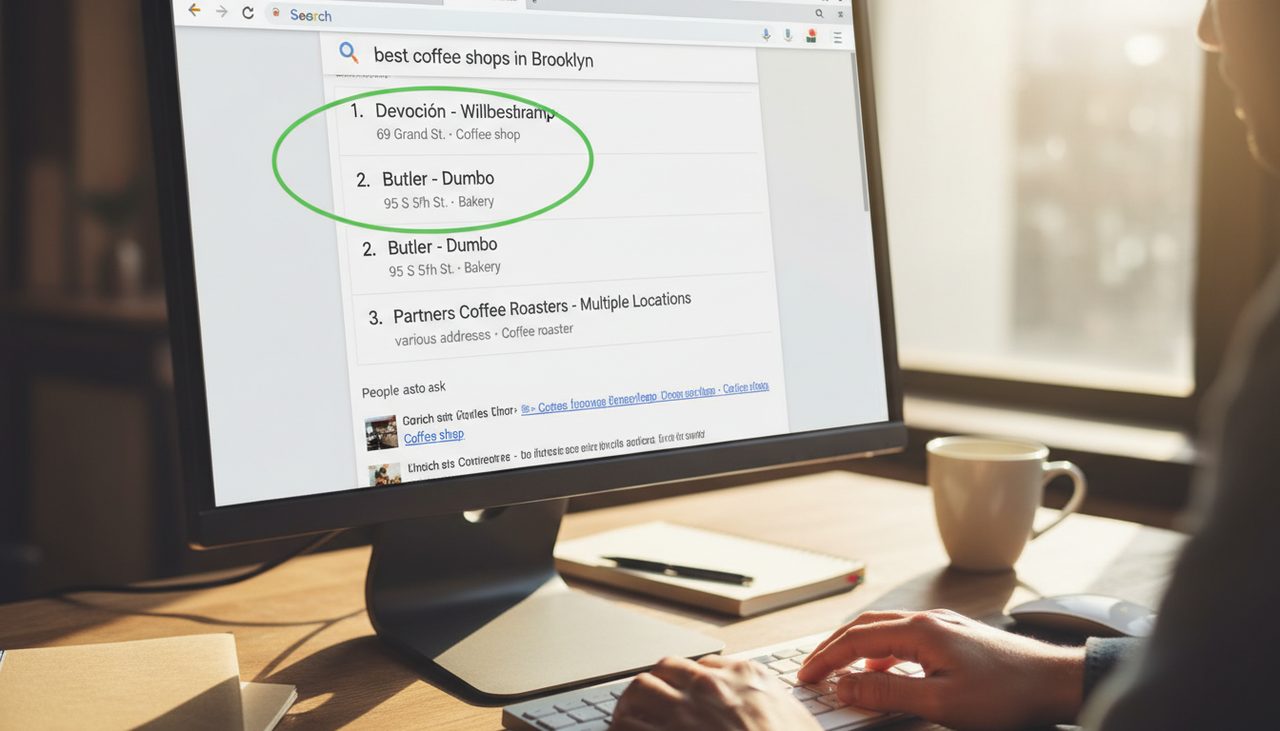 Computer screen showing Google search results with organic rankings highlighted