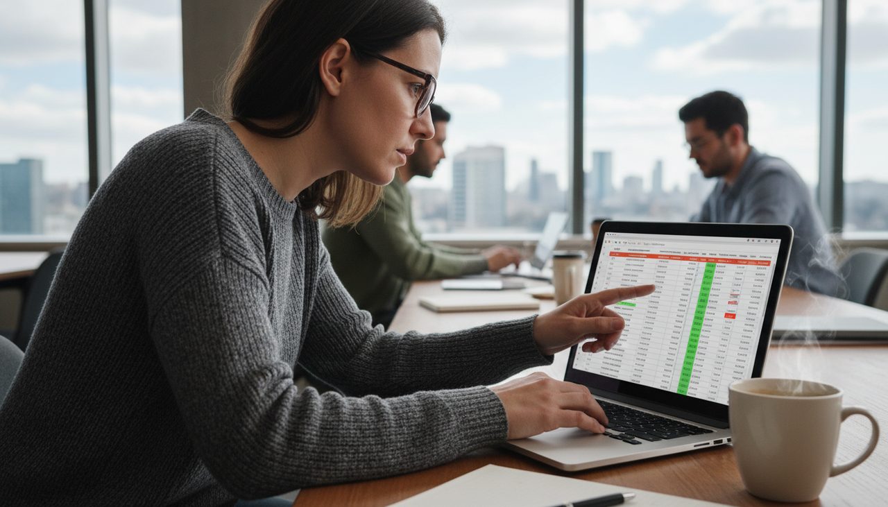 Digital marketing professional reviewing a spreadsheet of backlink metrics on la