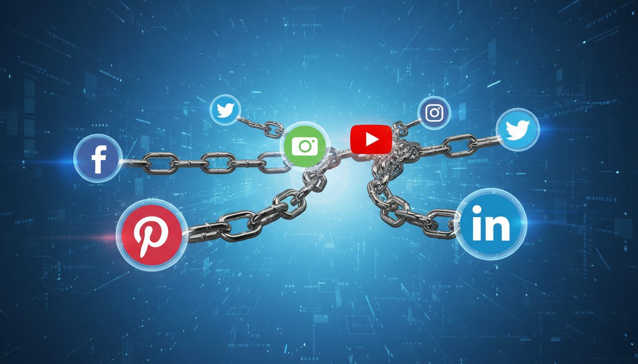 Chain links connecting different website icons in a digital network