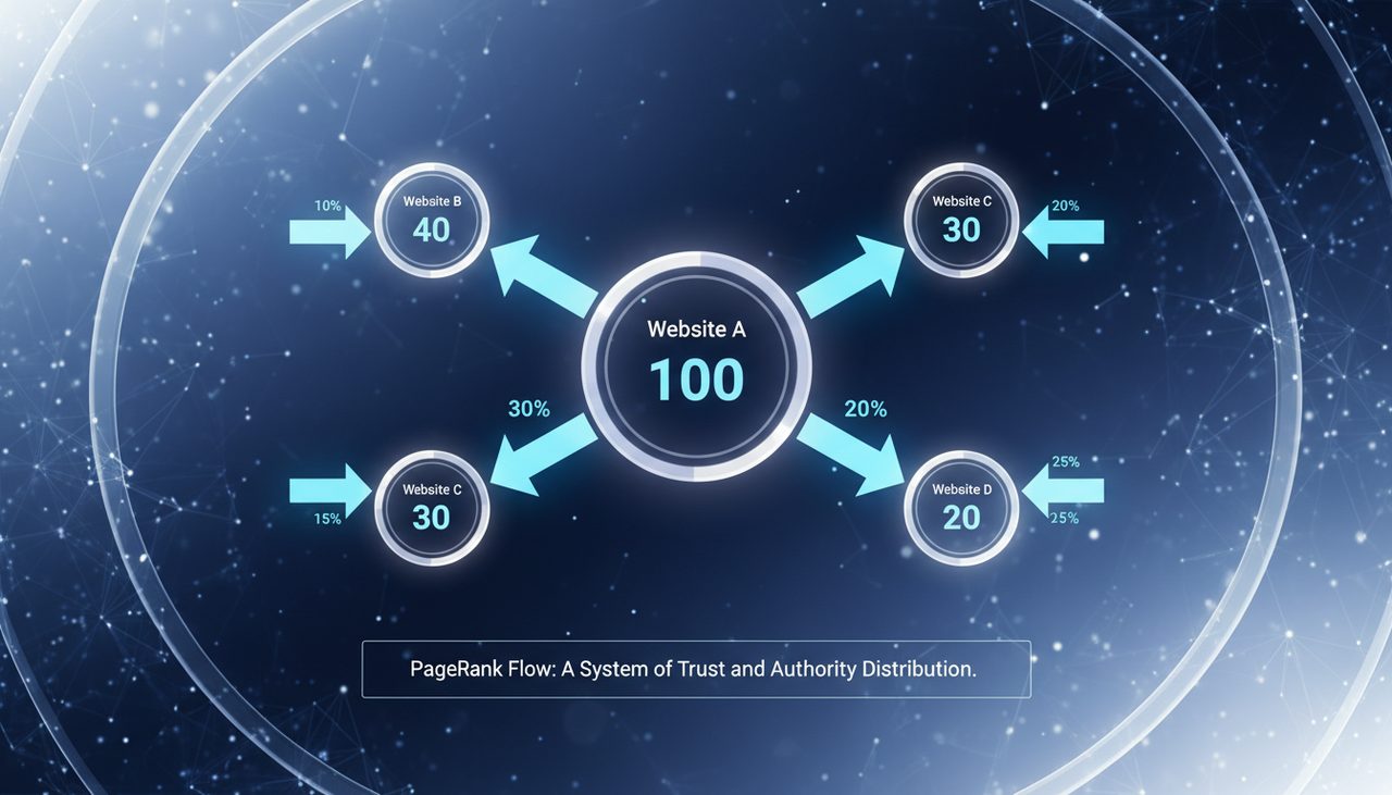 Infographic-style visualization of how PageRank flows through links between webs