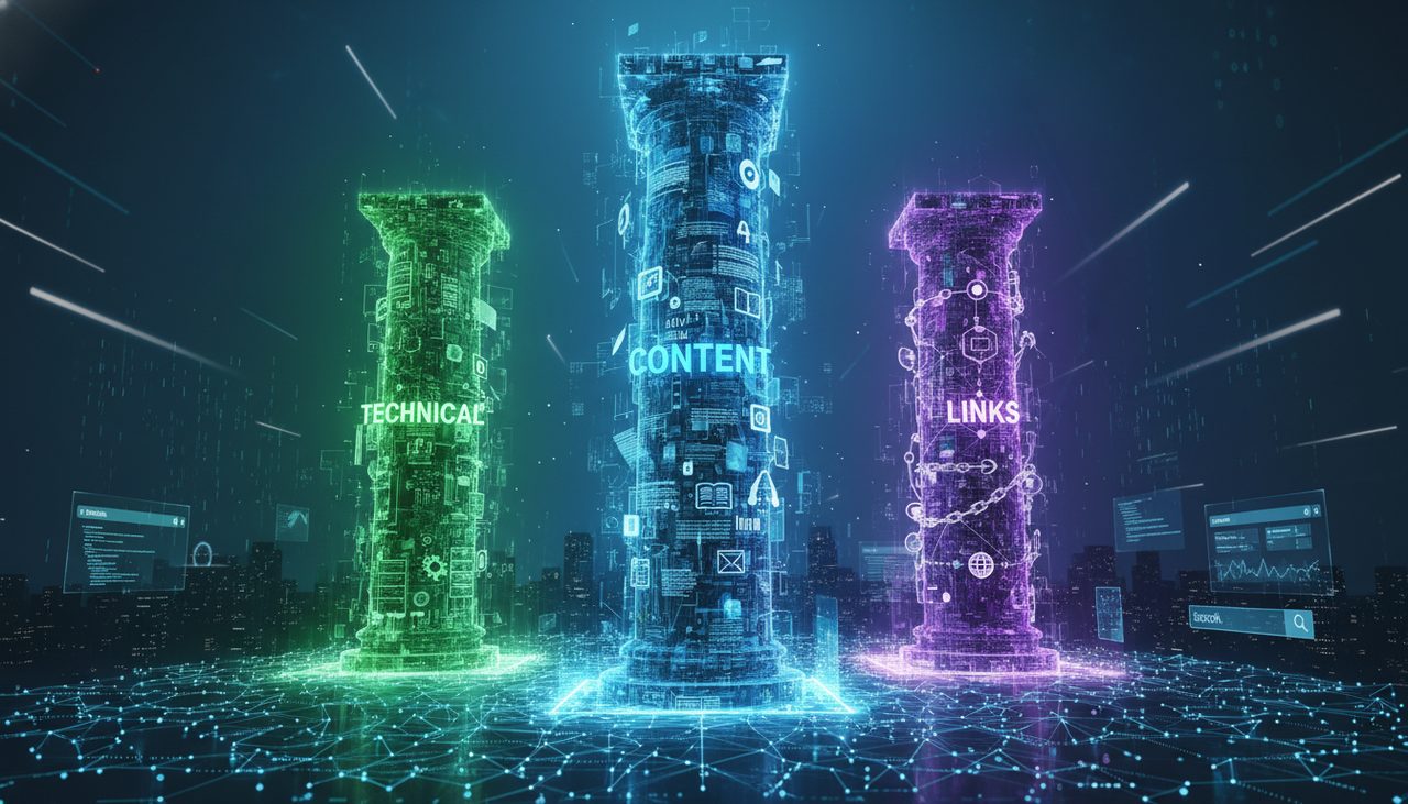 Three pillars of SEO concept visualization: content