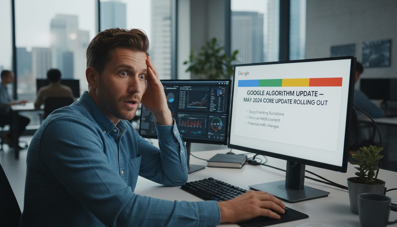 Google algorithm update notification on computer screen with SEO professional re
