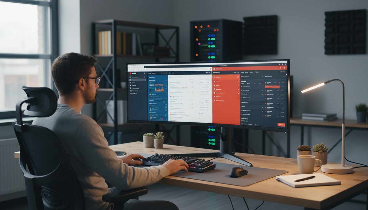 SEO professional using Ahrefs and Semrush side by side on ultrawide monitor