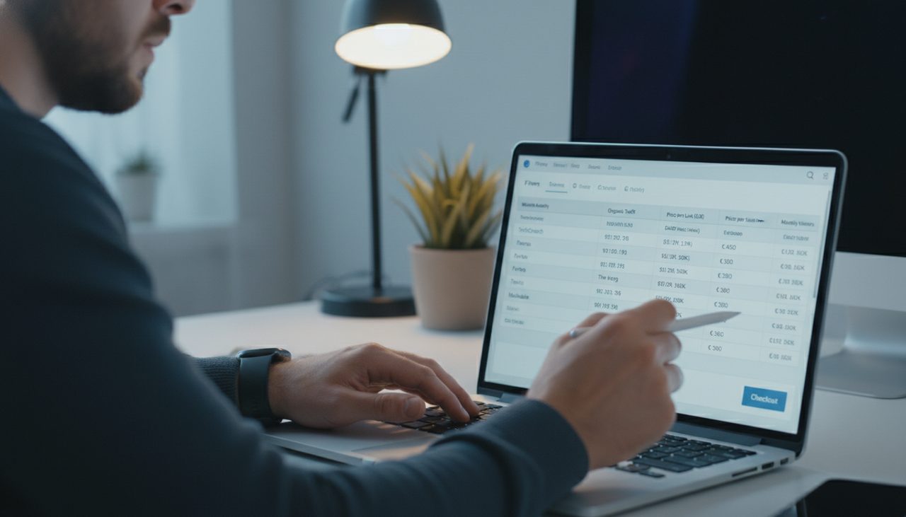 Person reviewing site metrics and pricing on netlinking marketplace