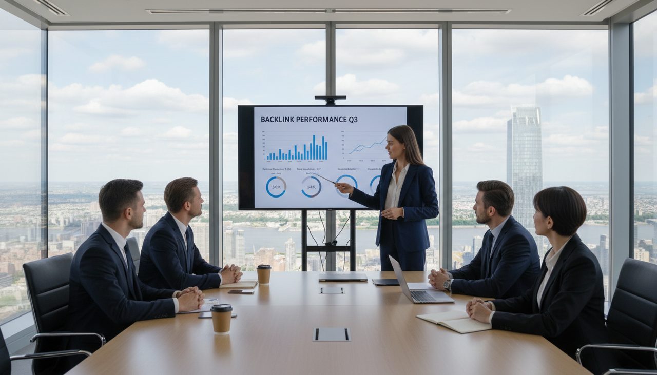 SEO agency team in meeting room presenting backlink report to client on large sc