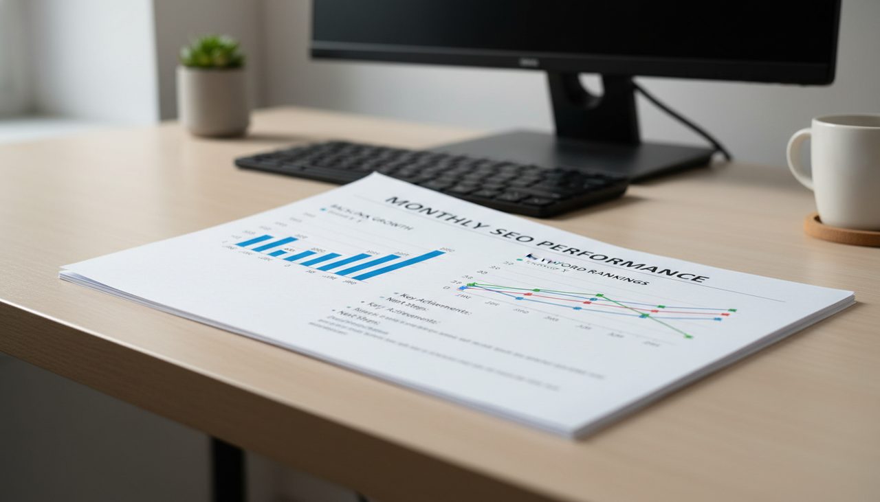 Monthly SEO report document with charts showing link growth and rankings