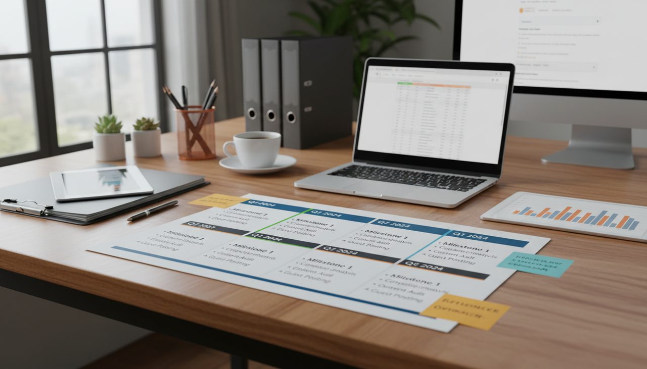 Strategic planning document for link building with timeline and milestones on de