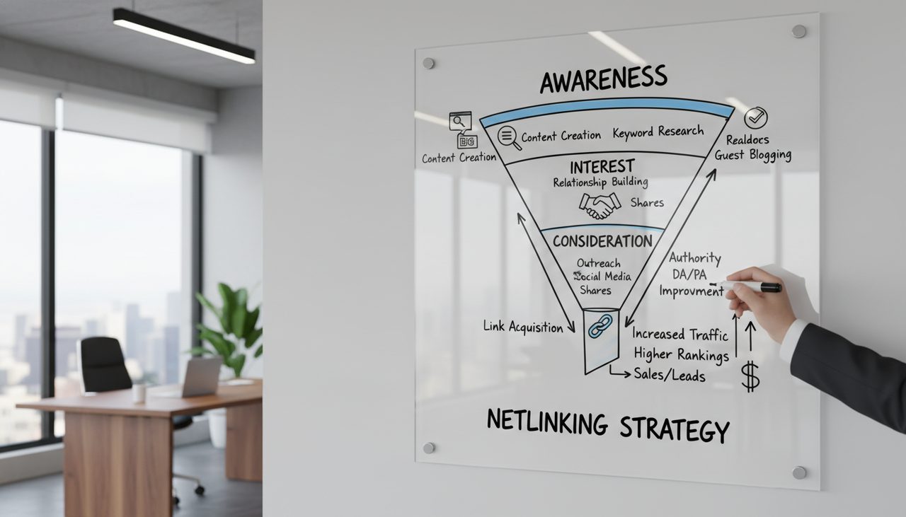 Marketing funnel diagram applied to netlinking strategy on whiteboard