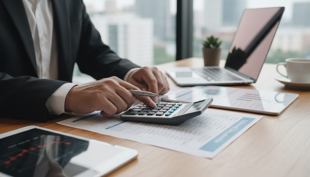 Business person calculating SEO budget on calculator with pricing document on de