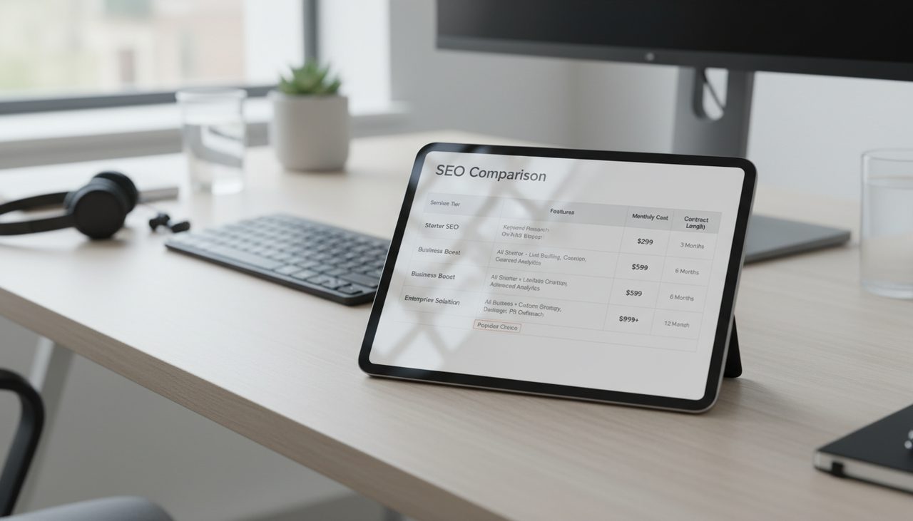 Price comparison chart for different SEO services displayed on tablet screen