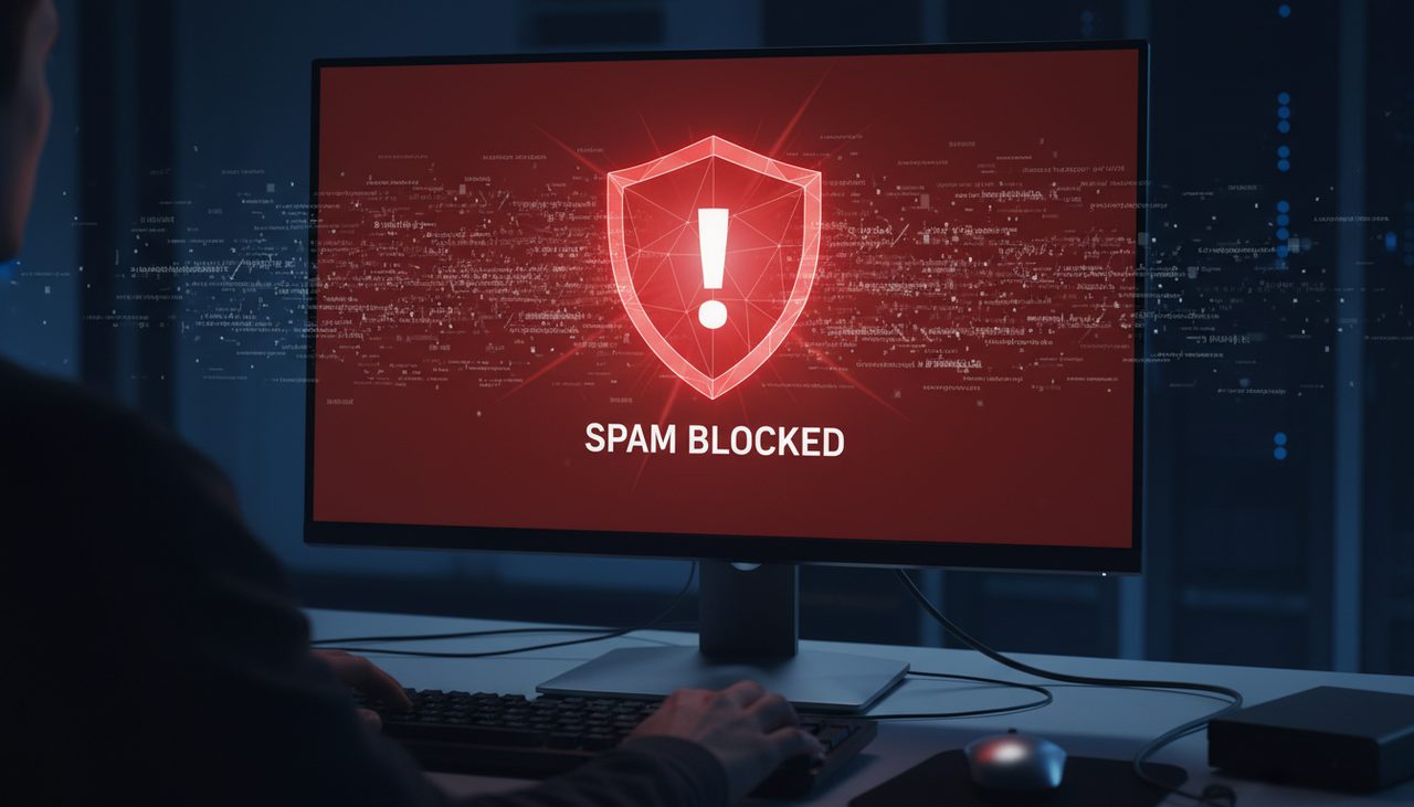 Red warning shield blocking spam links on computer screen